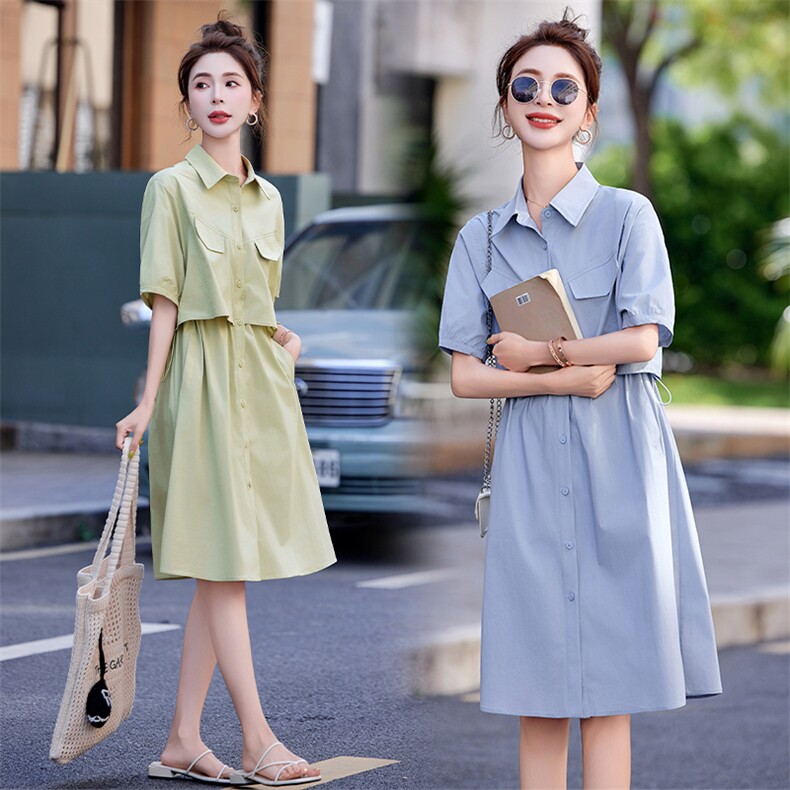 假两件绿色森系连衣裙女夏季2026新款小个子收腰高级感衬衫长裙子,女装连衣裙,红依一坊