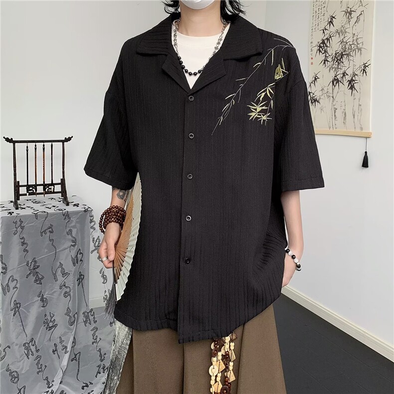 夏季竹叶刺绣短袖衬衫男潮牌宽松韩系高级感休闲半袖衬衣男图片