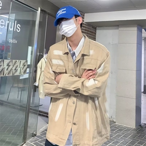 春秋复古涂鸦牛仔外套男女宽松bf慵懒风喷漆扎染夹克上衣ins潮牌图片