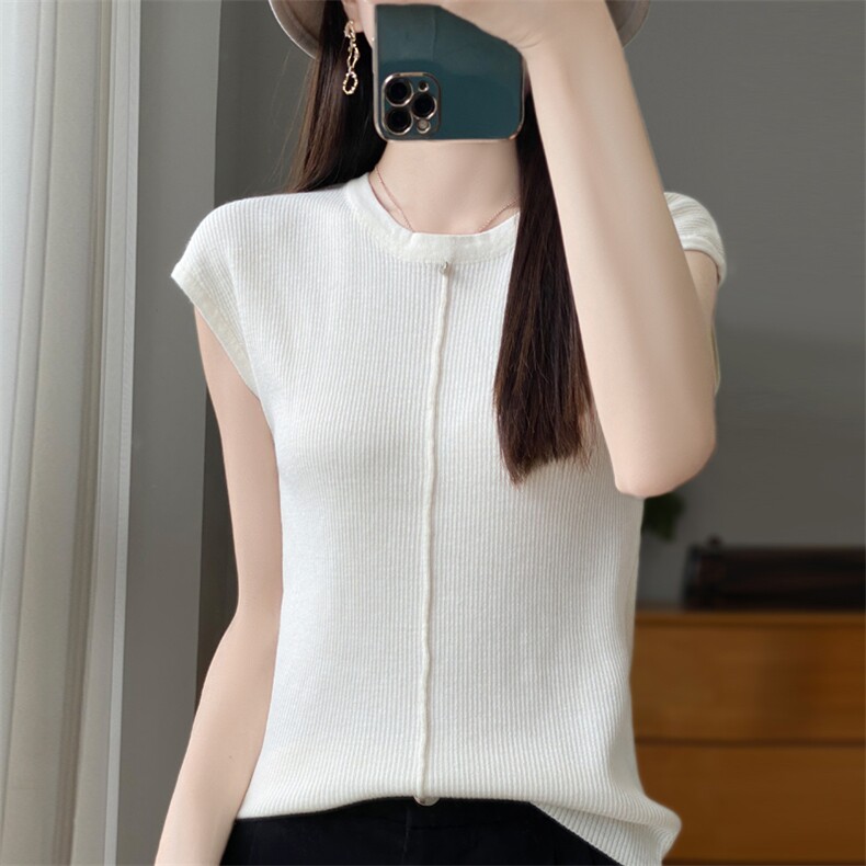 细腻质感条纹针织衫背心T恤女修身精纺拼色圆领包肩袖打底衫内搭，女装背心吊带，源达羊绒