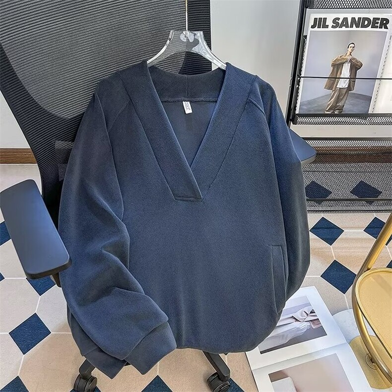 重磅纯色基础款V领卫衣男女简约ins潮流百搭休闲套头长袖体恤上衣，男装T恤，星座506B