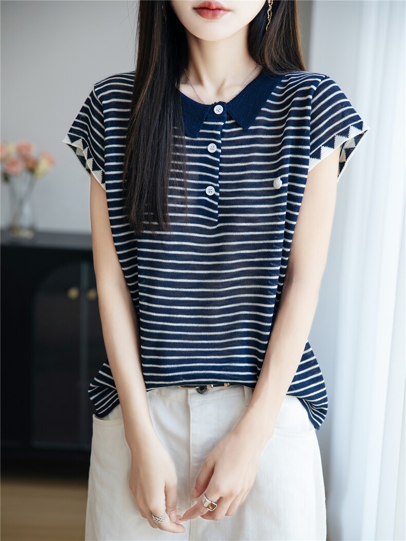 竹节麻翻领短袖针织衫女t恤夏季新款简约时尚洋气减龄Polo衫上衣,针织衫/毛衣,菲奥羊绒