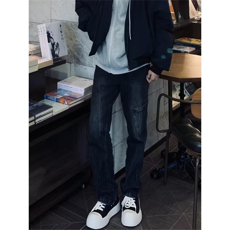 美式复古水洗牛仔裤潮宽松阔腿裤微喇裤炸街痞帅裤子K221-P43网图,男装牛仔裤,电商B245