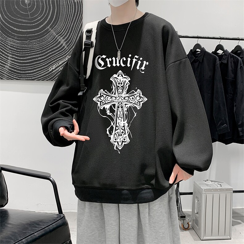 华夫格卫衣圆领卫衣男大码长袖t恤男外套HW76268-P30加绒款-P40,男装卫衣,电商A040