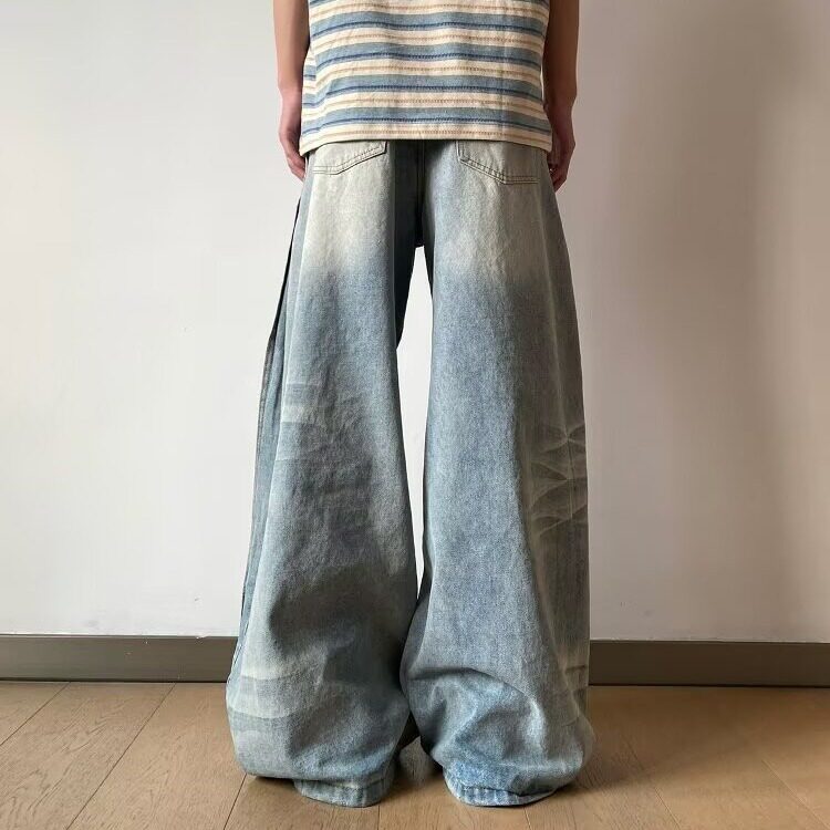 N7044-P55美式竹节纹牛仔裤男女高街cleanfit弯刀裤子,男装牛仔裤,电商B323A