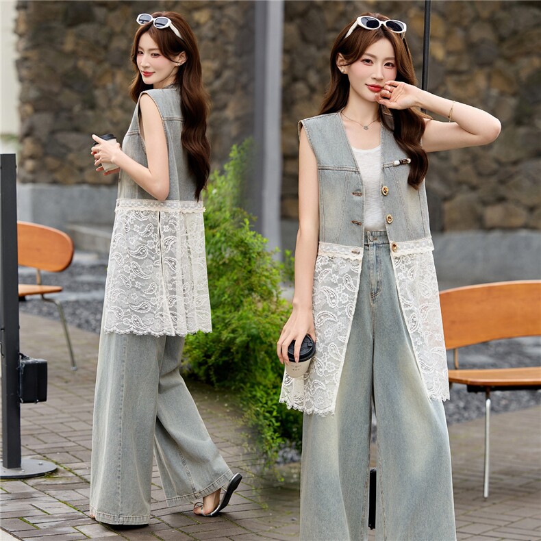 现货牛仔轻熟风通勤气质套装女2026夏季马甲上衣阔腿裤两件套，女装套装/套裙，艾仟回(原伊仟回)