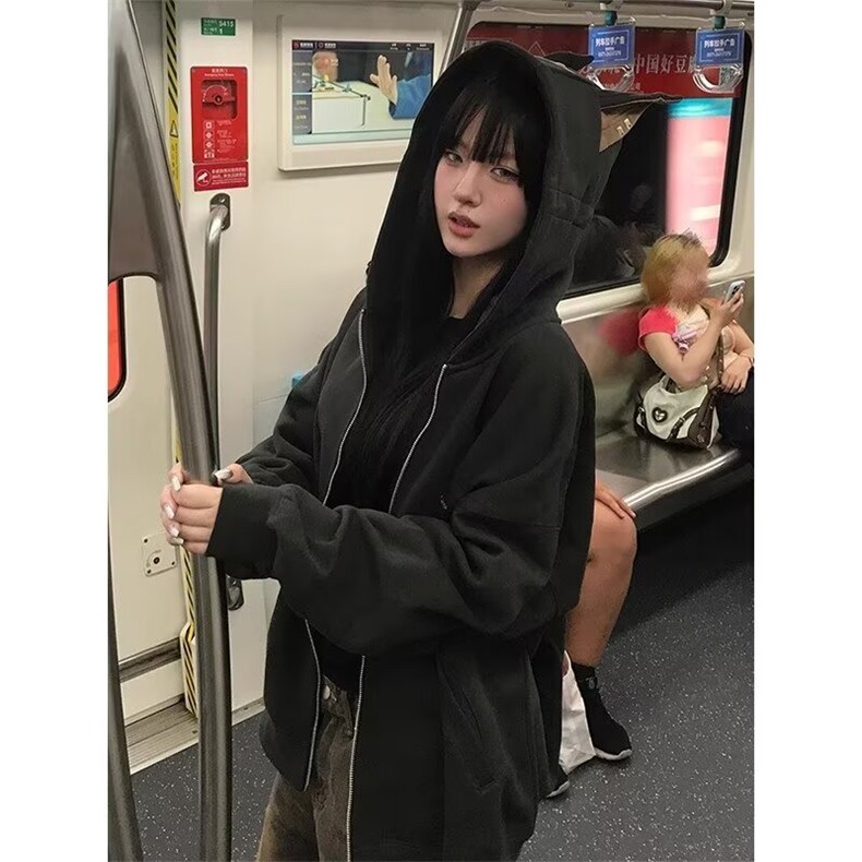 2024不计后果德文猫杜宾犬连帽加绒卫衣女秋冬美式复古狗耳朵外套,男装卫衣,星座506A