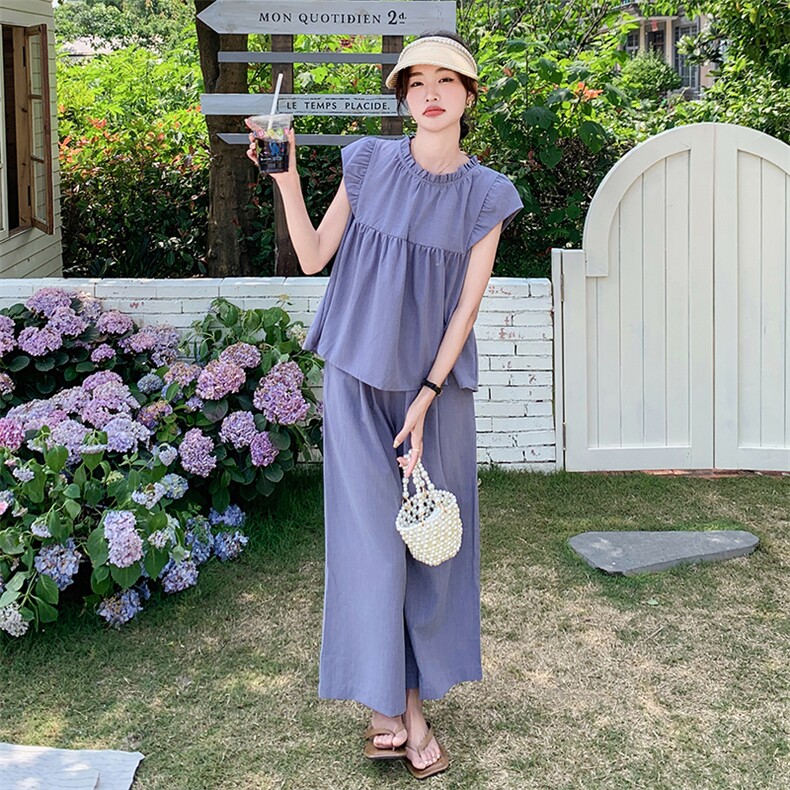 现货!套装女夏气质飞飞袖上衣阔腿长裤两件套5076P125K178,女装套装/套裙,2C166