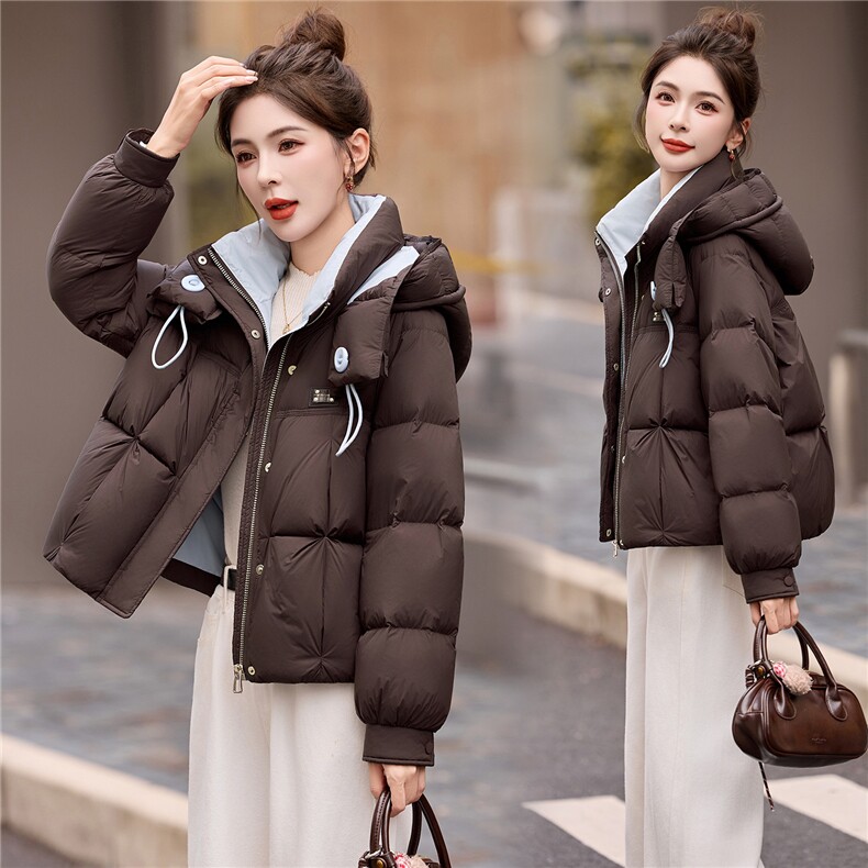 时尚撞色藏青色连帽羽绒服女2025冬季新款洋气宽松保暖白鸭绒外套,女装羽绒服,艾尚靓装