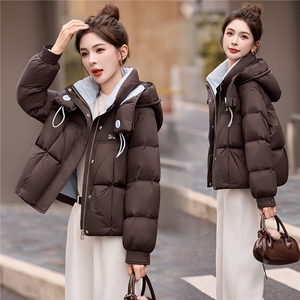 时尚撞色藏青色连帽羽绒服女2025冬季新款洋气宽松保暖白鸭绒外套图片