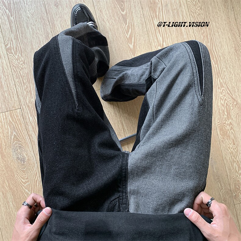 B221美式ins高街小众情侣个性款拼接微喇牛仔裤LK23095-P65控88,男装牛仔裤,电商B221