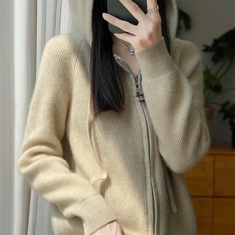 纯色长袖开衫羊毛2024年秋季连帽拉链羊毛针织衫,女装羊毛衫,暖圣羊羊绒