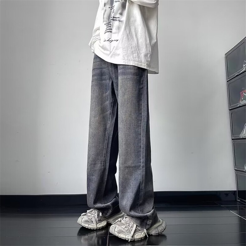 美式复古牛仔裤男秋季水洗做旧宽松大码直筒裤潮牌小众设计微喇裤,男装牛仔裤,星座1013