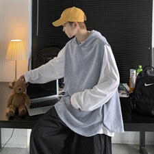 港风针织背心宽松休闲慵懒风毛线连帽马甲学生上衣外套H204/P50，男装背心/马甲，电商A221A