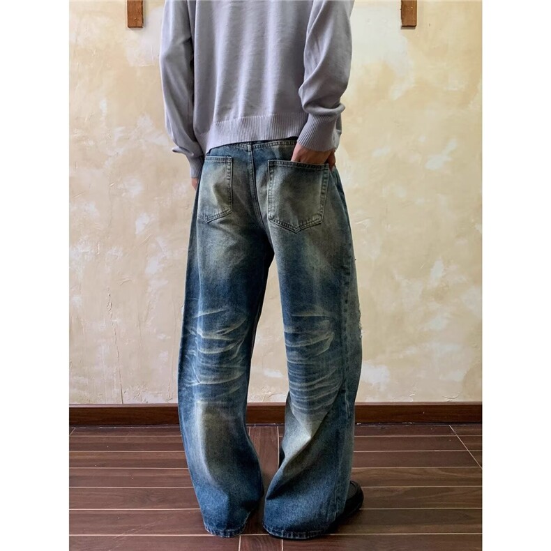 美式做旧直筒破洞补丁牛仔裤男潮高街vibe休闲阔腿裤LN16044-P55,男装牛仔裤,星座1008