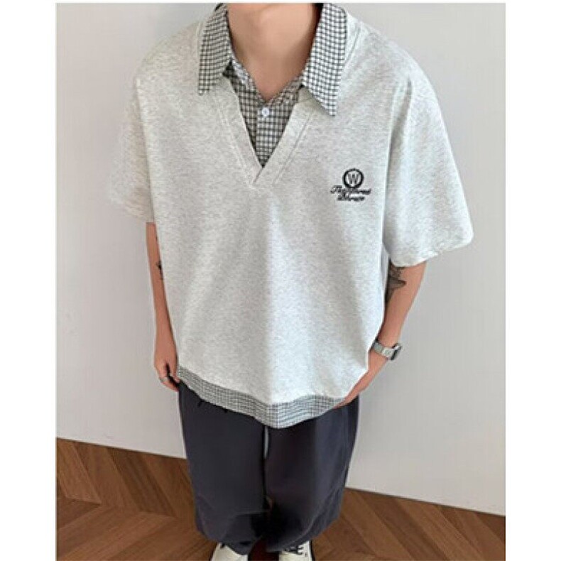 夏季学院风假两件短袖男女格子拼接polo衫t恤翻领休闲上衣TB65,男装Polo衫,星座1116A（原606A-3）