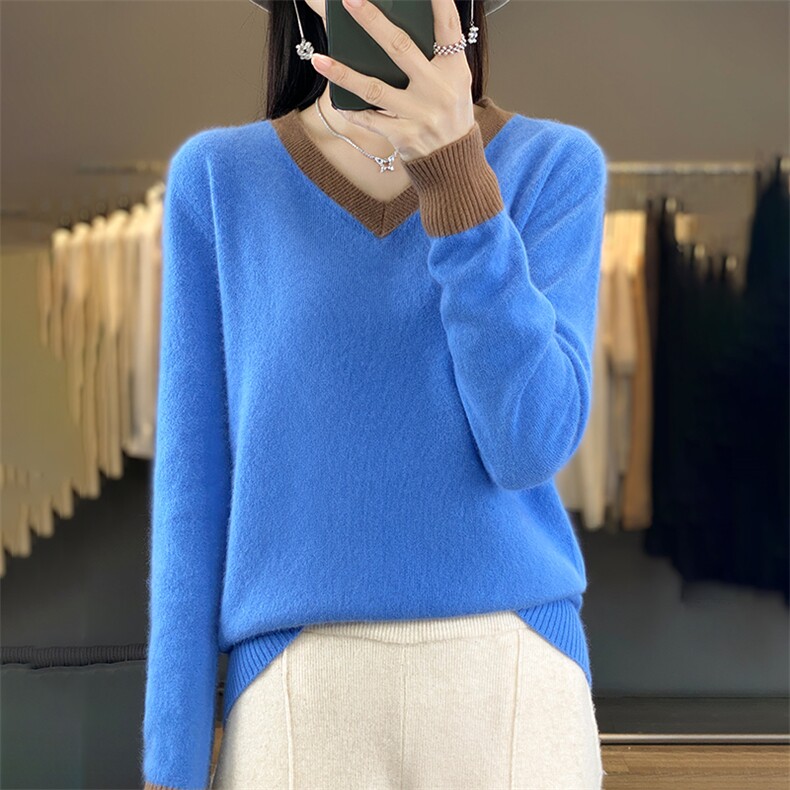 秋冬新款V领女拼色宽松套头韩版毛衣针织衫针织打底衫,女装羊毛衫,犀桦羊绒