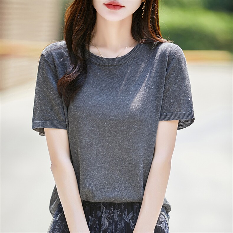 2025夏短袖t恤打底衫女显瘦圆领纯色百搭天丝亚麻薄款针织T恤上衣，女装针织衫/毛衣，片语羊绒