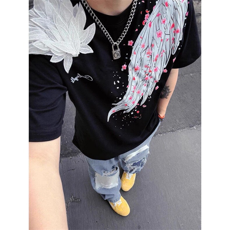 樱花羽翼翅膀短袖t恤男2025新款美式重磅纯棉潮牌字母印花上衣潮，男装T恤，星座313A(原308A-2)