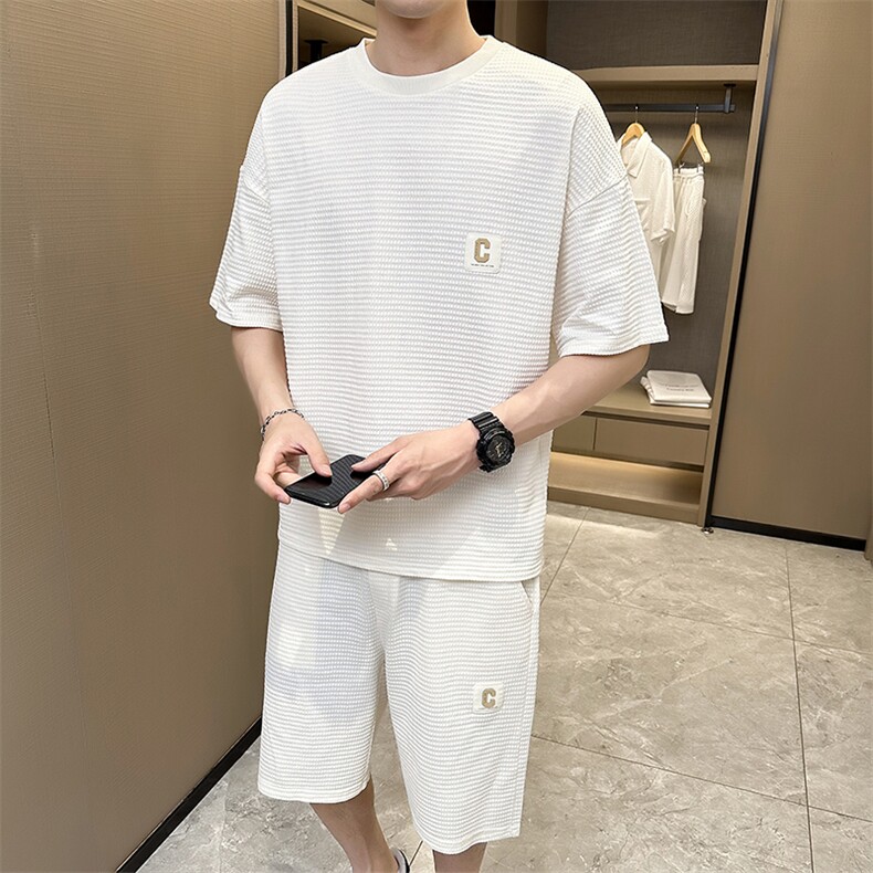 2025夏季店主风休闲百搭宽松短袖华夫格套装两件套TZ302-P88,男装T恤,电商A413