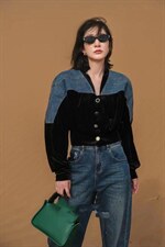 牛仔拼接金丝绒外套，其它，转角爱尚