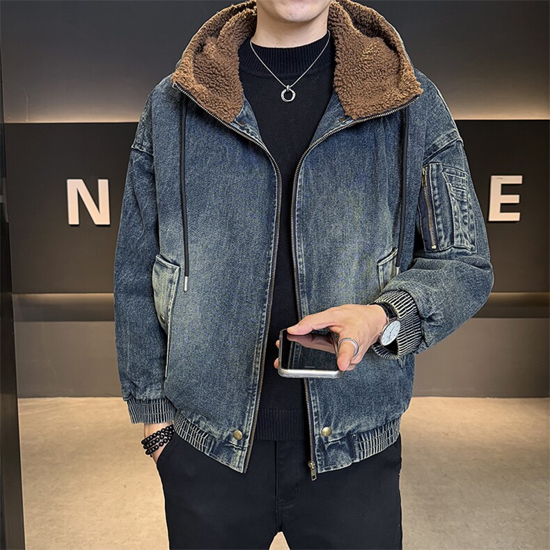 加绒加厚夹克男2025冬款连帽牛仔外套羊羔毛上衣男B317/J615/P175,男装工装外套,电商B317