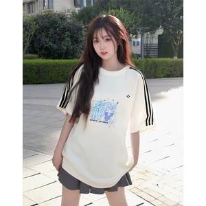 抖音得物高品质二开240克宽松纯棉美式潮牌三条杠织带短袖T恤图片