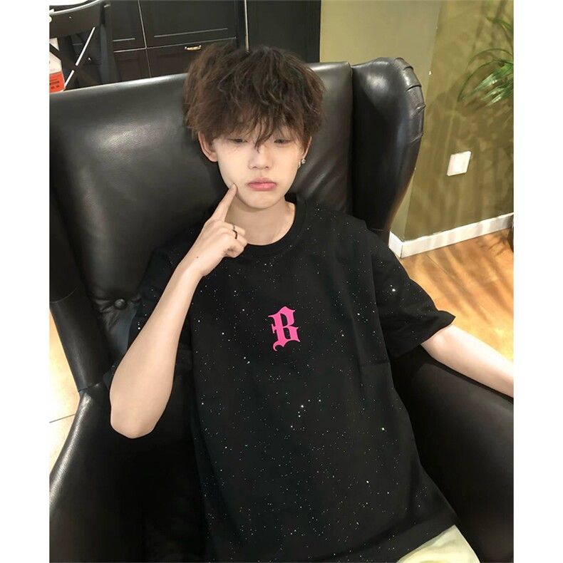 抖音得物供货现货美式潮美式满天星亮片潮牌宽松印花T恤AMTX03,男装T恤,电商A443