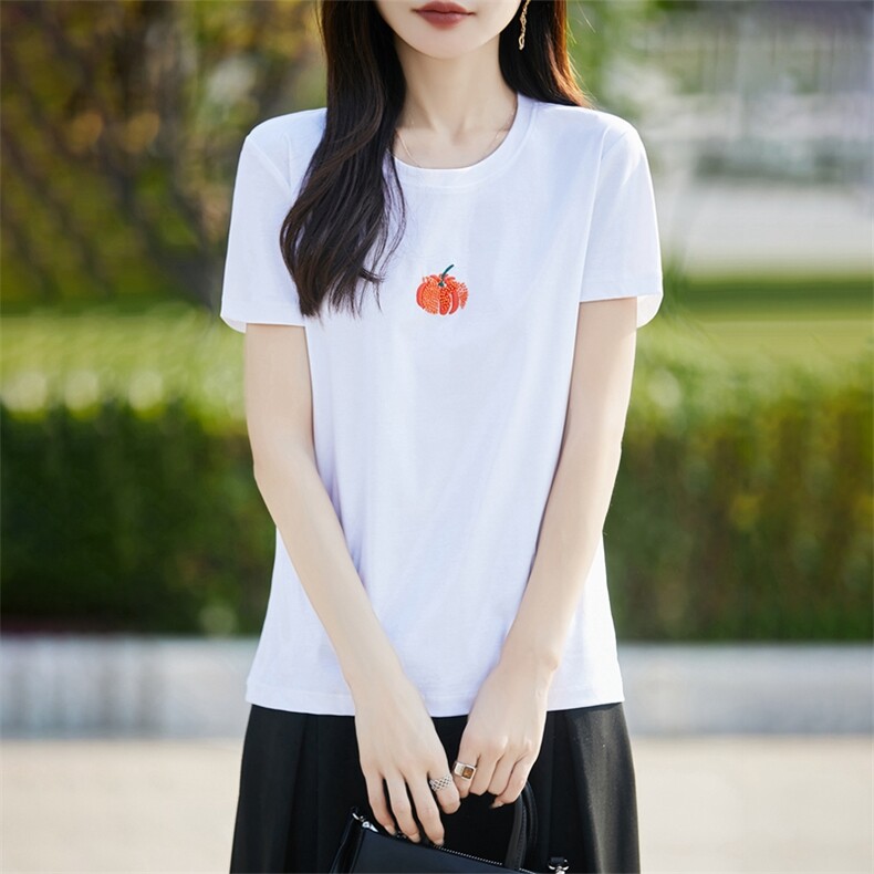 花朵绣片粉色丝光纯棉正肩短袖t恤女2023新款夏季圆领宽松显瘦图片