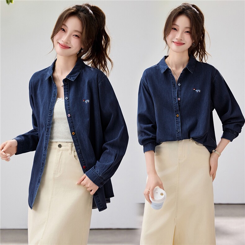 韩系松弛感牛仔衬衫女2026春款刺绣彩扣叠穿百搭长袖上衣宽松显瘦,女装衬衫,艾米