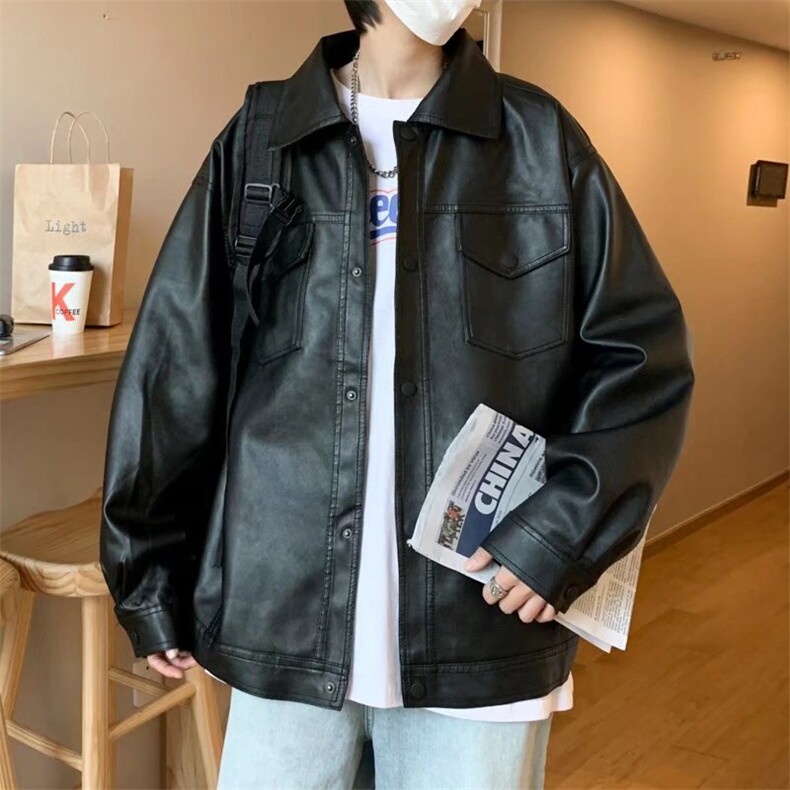 美式翻领皮衣夹克男春秋季痞帅炸街上衣潮牌ins复古休闲机车外套,男装皮衣,星座601-1