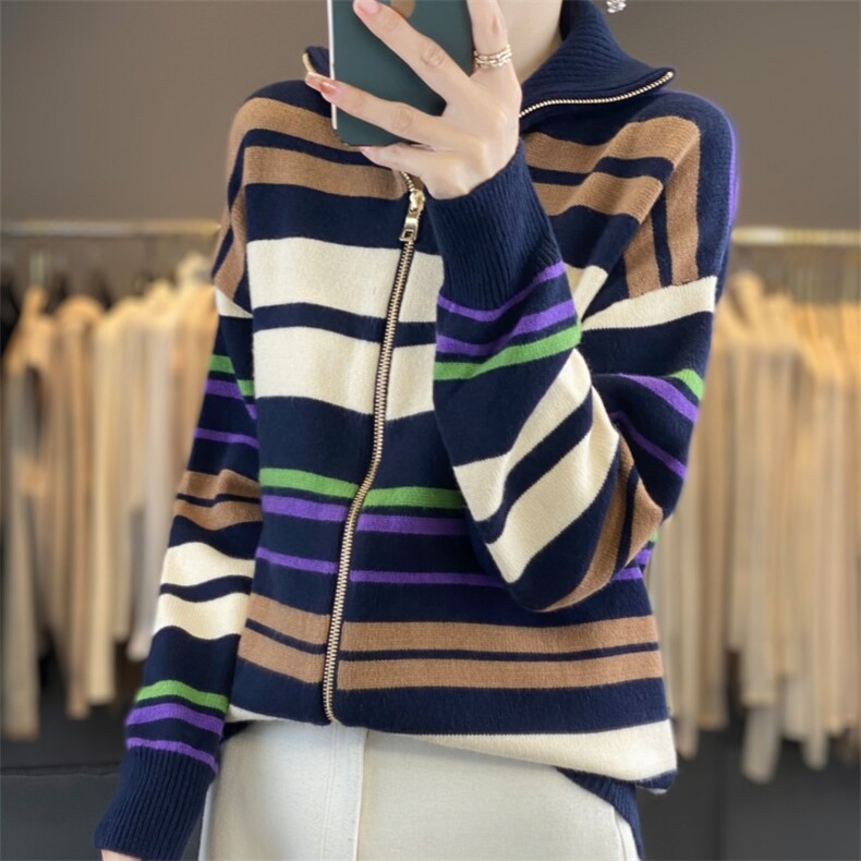 秋冬款慵懒风羊毛拉链立领开衫女2024年新款拼色加厚长袖外套图片