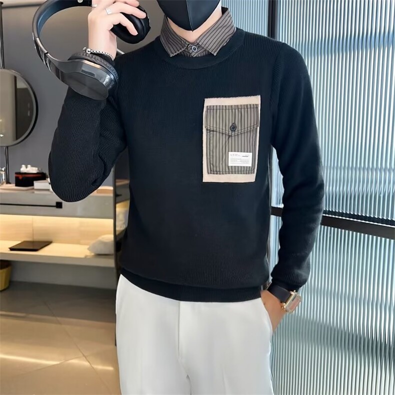 假两件毛衣男士秋季长袖打底衫修身气质潮牌男装针织衫S533-P60,男装针织衫/毛衣,星座1109-3