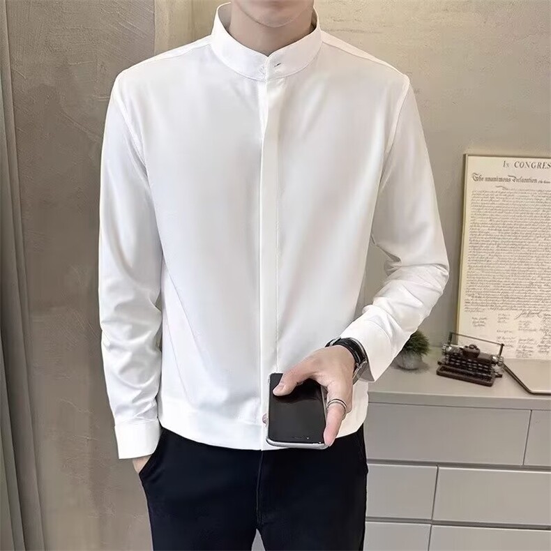 气质新中式立领长袖衬衫男士早春新款小众衬衣高级感垂感中袖衬衫,男装衬衫,星座1210-1