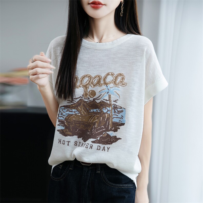 夏季新款简约竹节麻印染短袖女宽松百搭显瘦上衣时尚休闲T恤,女装T恤,贵皇网供仓