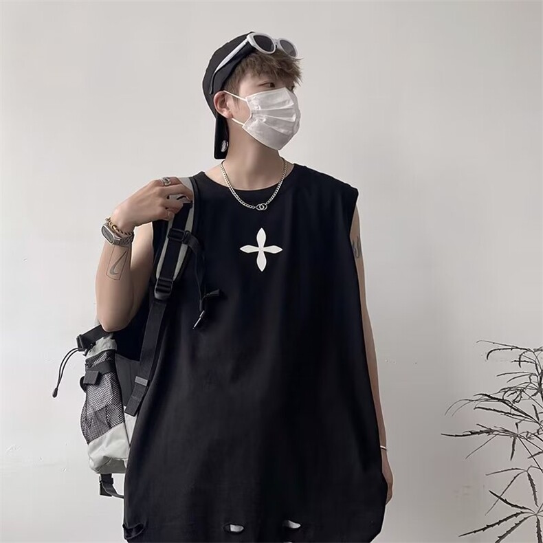 夏季时尚背心流苏剪破款设计感印花高品质纯棉背心马甲BX71p29,男装背心/马甲,星座1013