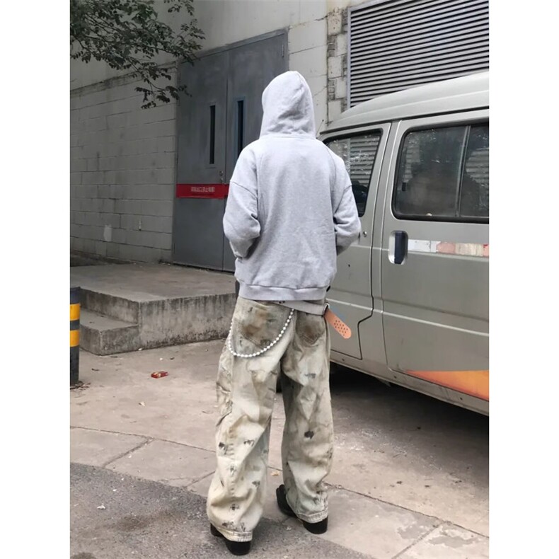 美式复古黄泥染重工脏洗阔腿牛仔裤男女无性别水洗做旧宽松弯刀裤,男装牛仔裤,星座506A
