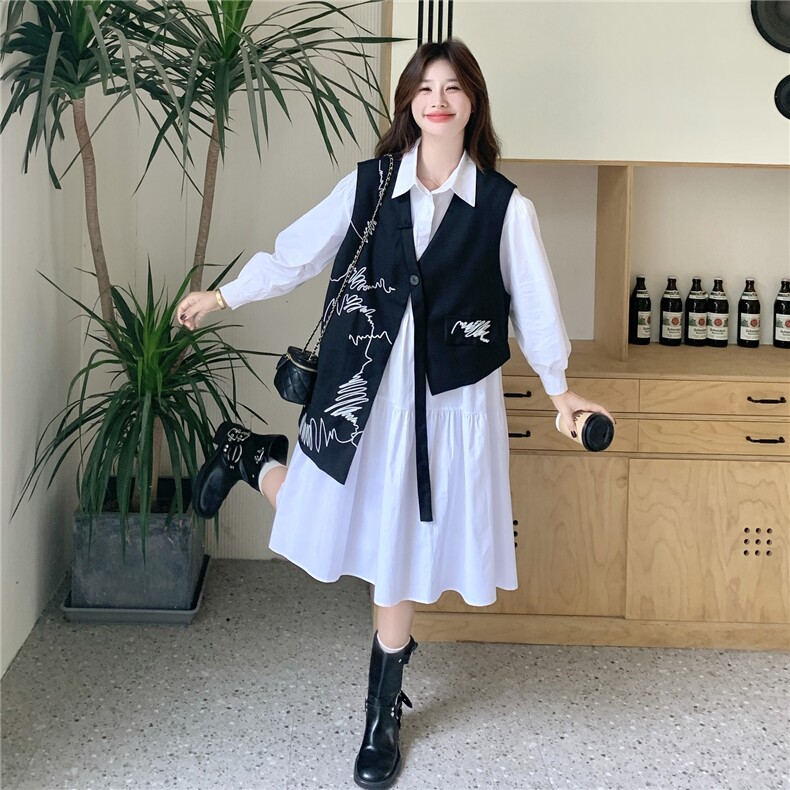 设计感不规则刺绣黑色马甲两件套连衣裙女秋新款小个子白色衬衫裙图片