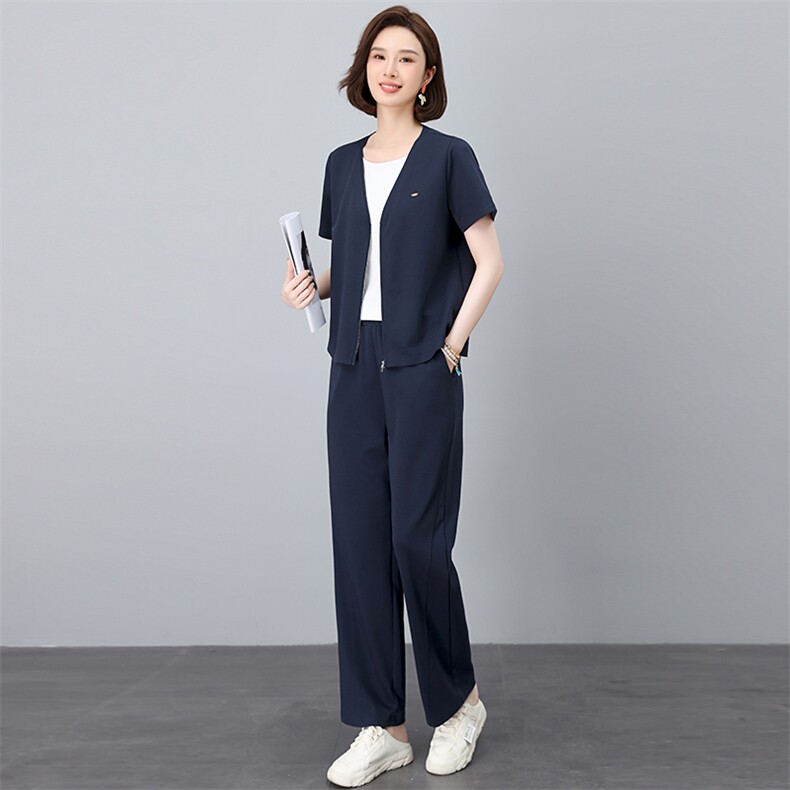 休闲套装女2025夏季新款时尚洋气假两件短袖卫衣搭配一整套运动服，女装套装/套裙，忆绮罗