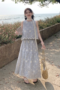 法式盐系条纹绣花时尚套装女2025夏季新款超好看背心半身裙两件套图片