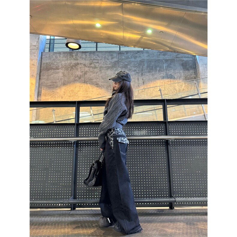 美式复古毛绒豹纹腰头拼接牛仔裤男女宽松阔腿休闲显瘦拖地长裤子,男装牛仔裤,星座302B-2