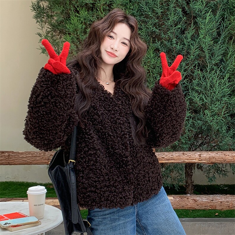 韩版加绒加厚外套女2025秋冬季新款卷毛中长款皮草毛毛圆领大衣,女装短外套,2C317A