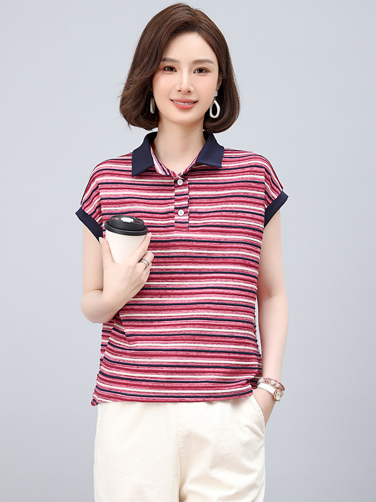 小个子条纹翻领T恤女夏季韩版休闲宽松年轻款妈妈薄款小衫上衣潮,女装T恤,江忆布依