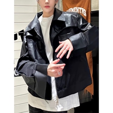 JY130-P68黑色短款垫肩皮衣外套男高级感痞帅机车夹克，男装皮衣，星座1501-3