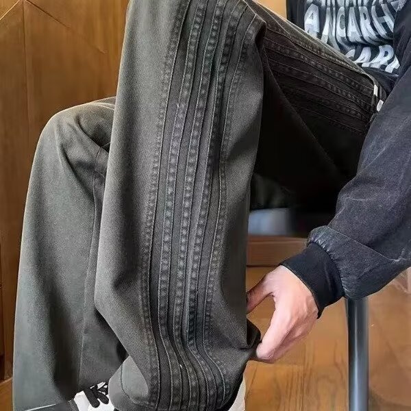 休闲裤男春秋新款宽松直筒运动卫裤莱赛尔条纹拼接长裤MK798P38,男装休闲裤,星座1013-5