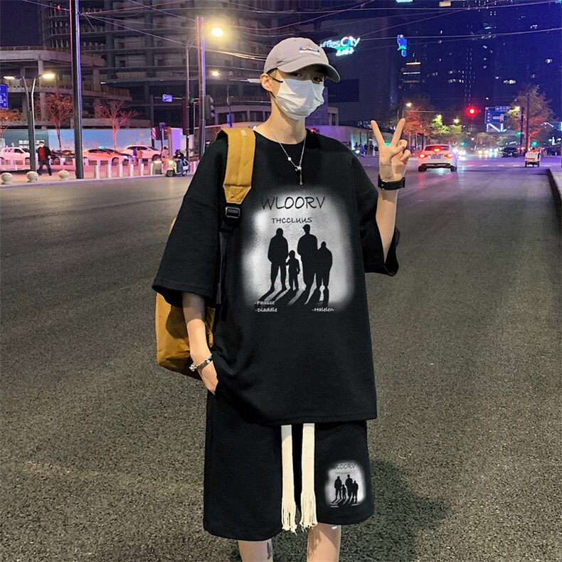 wassuphappy短袖t恤套装男夏季美式ins潮牌宽松大码休闲一套搭配,男装休闲套装,电商B367