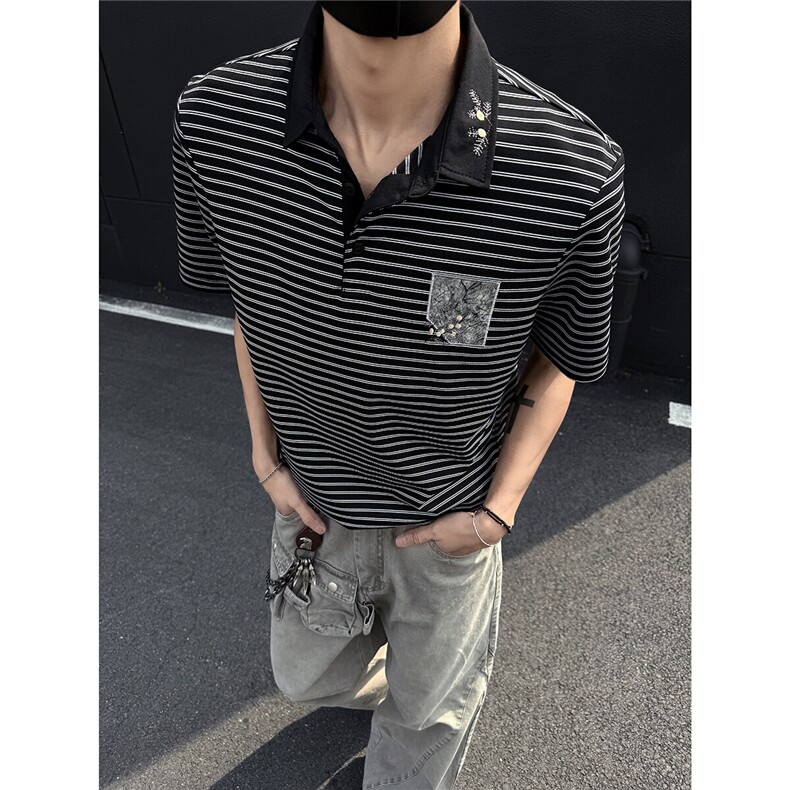 25夏新男高品质风条纹刺绣polo短袖T黑墙705-1-T003-P48无差价图片