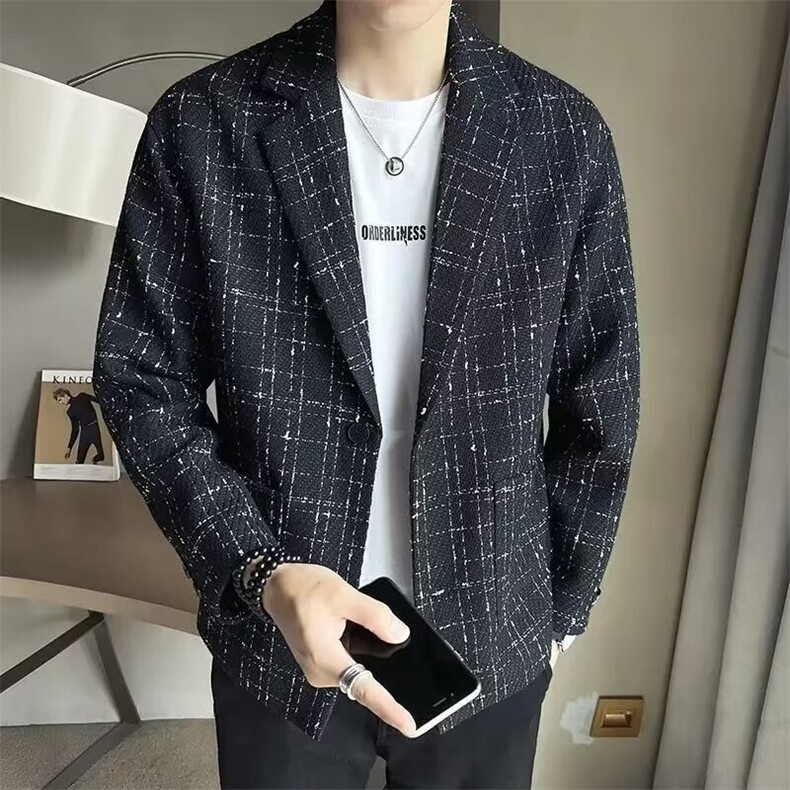 春秋季韩版潮流小香风西装外套男潮牌痞帅格子休闲西服高级感夹克,男装夹克,星座218-1（原230）