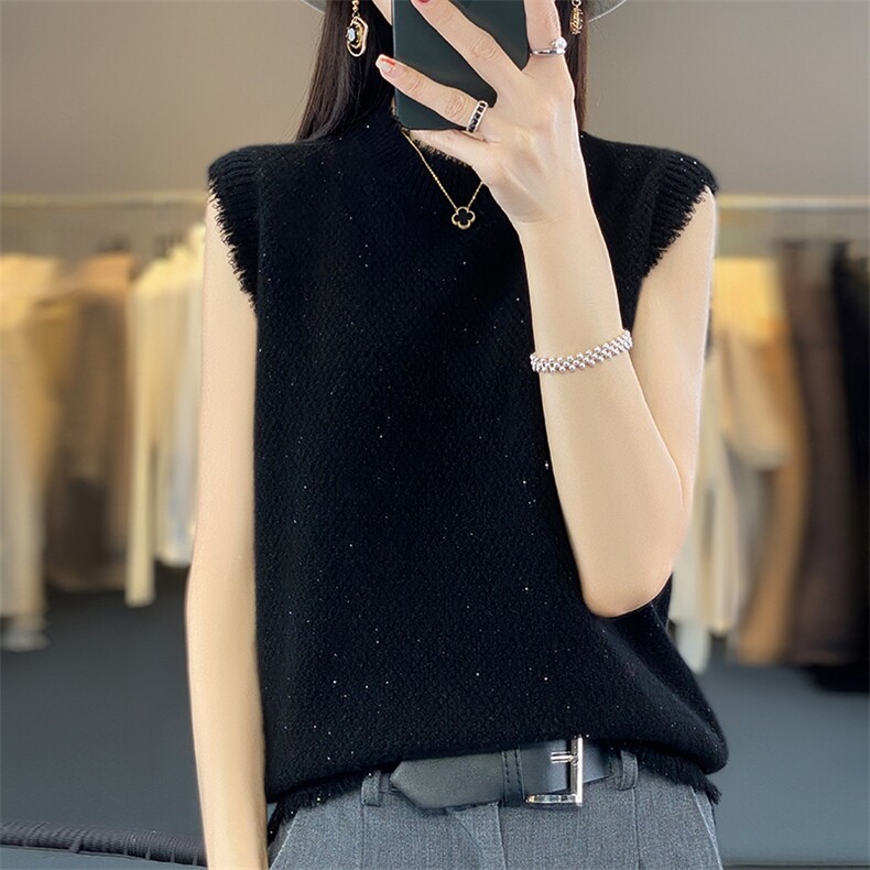 圆领100%纯羊毛衫吊带女流苏边亮丝针织羊绒衫背心宽松无袖打底衫,女装背心吊带,臻维羊绒