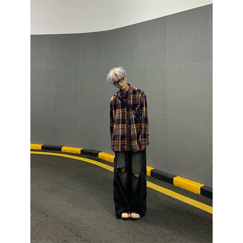 撞色格子衣衬衫外套高级感美式复古翻领长袖衫衬衣CS2033特P36,男装衬衫,星座908-1